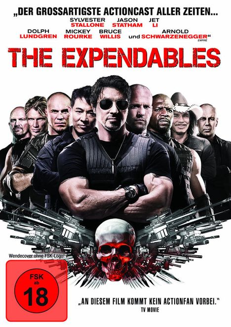 „Der großartigste Actioncast aller Zeiten...“ Oben, „The Expendables“ groß in Rot, FSK 18-Logo unten links.