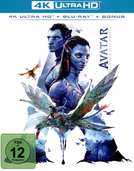 4K Ultra HD. Avatar: Aufbruch nach Pandora. FSK ab 12. Zwei blaue Figuren, umgeben von fliegenden Kreaturen.