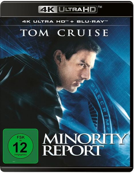 "4K ULTRA HD", "TOM CRUISE", "MINORITY REPORT", FSK 12-Logo; ein Mann in dynamischer Pose im Hintergrund.
