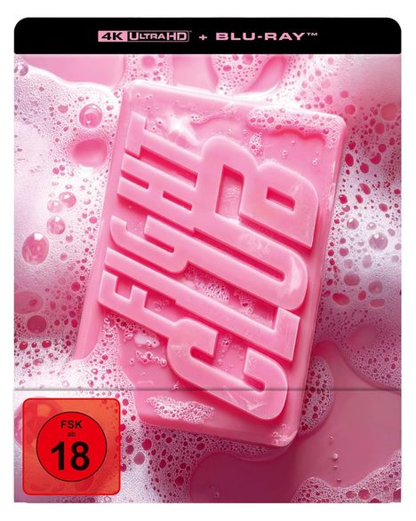 Oben steht “4K Ultra HD + Blu-ray”, darunter “Fight Club” auf rosa Seife mit Schaum. Unten links “FSK ab 18".