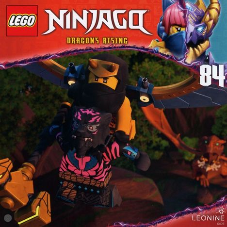 "NINJAGO DRAGONS RISING 84" in weißem Text. Zwei Lego-Figuren fliegen mit einem großen Hammer durch einen Wald.