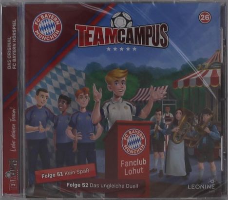 "TEAMCAMPUS Folge 51 Kein Spaß, Folge 52 Das ungleiche Duell." Illustration: Junge am Rednerpult, Fans um ihn.