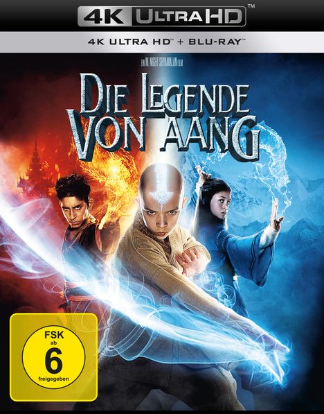 Text: "Die Legende von Aang", "4K Ultra HD + Blu-ray", "FSK ab 6 freigegeben". Drei kämpfende Figuren mit Feuer und Wasser.