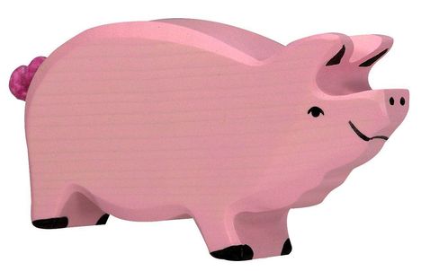 Eine rosa Schweinefigur mit einem freundlichen Gesichtsausdruck, schwarzen Hufen und hochgestellten Ohren.