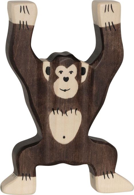 Holzfigur eines Affen mit erhobenen Armen und einem freundlichen Gesicht.