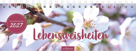 Wochenplaner 2027, Lebensweisheiten. Zarte Kirschblüten im Hintergrund, spiralgebunden.