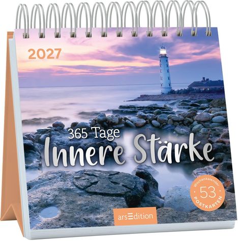 2027, 365 Tage Innere Stärke. Wochenkalender mit 53 Postkarten. Vordergrund: Steine, Hintergrund: Leuchtturm.
