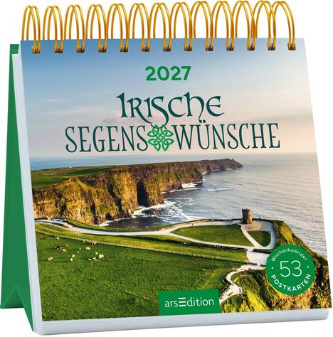 "2027 Irische Segenswünsche. Wochenkalender, 53 Postkarten. Foto von Klippenlandschaft, grüner Kalender mit Metallspirale."
