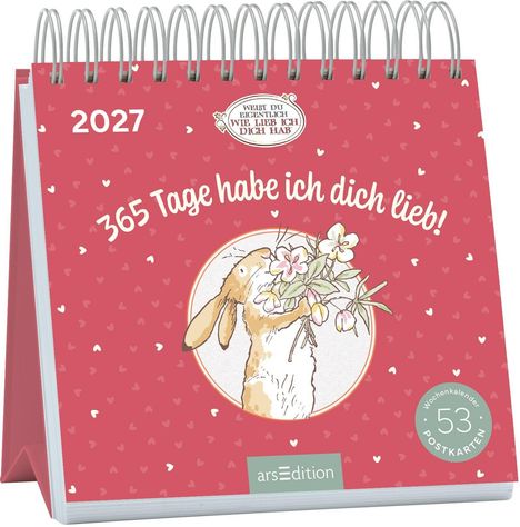 Kalender mit der Aufschrift: "365 Tage habe ich dich lieb!" Illustration: Ein Hase mit Blumen. Jahr 2027.