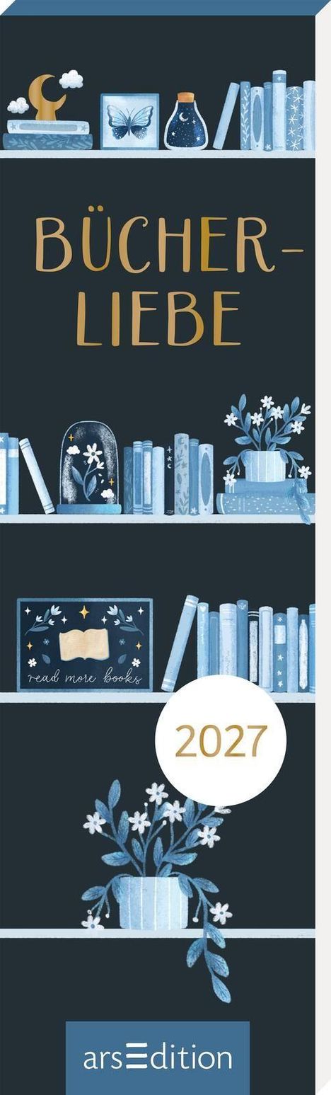 "Bücherliebe", "read more books", "2027". Illustration von Bücherregalen mit Büchern, Pflanzen, Schmetterling und Mondmotiv.