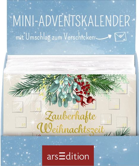 Mini-Adventskalender mit Umschlag zum Verschicken. Illustration von Tannenzweigen und Mistelzweigen, „Zauberhafte Weihnachtszeit“.