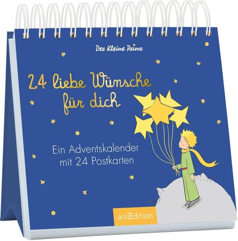 "24 liebe Wünsche für dich. Ein Adventskalender mit 24 Postkarten." Illustration: Kind mit Sternenballons.