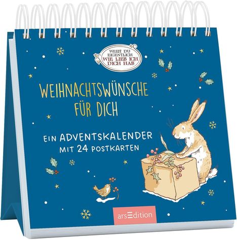 WEIHNACHTSWÜNSCHE FÜR DICH. Ein Adventskalender mit 24 Postkarten. Illustration: Hase dekoriert Geschenk.