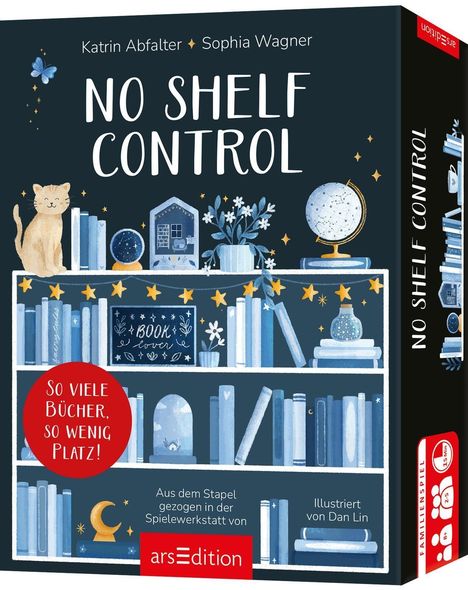 Text: "NO SHELF CONTROL", "So viele Bücher, so wenig Platz!", "arsEdition". Illustration: Bücherregale mit Büchern, Katze.