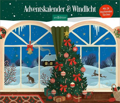 "Adventskalender & Windlicht", "Mit 24 leuchtenden Türchen". Illustration: Schneelandschaft, Tannenbaum, Geschenke.