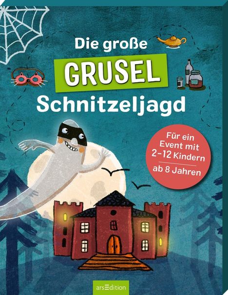 „Die große Grusel-Schnitzeljagd“ für 2-12 Kinder ab 8 Jahren. Ein Geist vor einem Schloss unter einem Vollmond, Spinnennetz, Bäume.