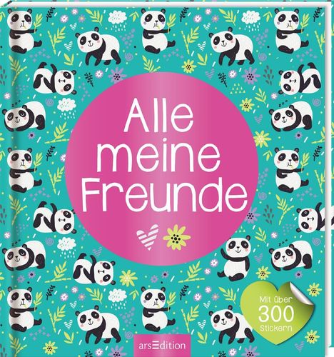 „Alle meine Freunde“ in weiß auf rosa Kreis. Viele Pandas und Blumen auf türkisem Hintergrund. Herz mit „Mit über 300 Stickern“.