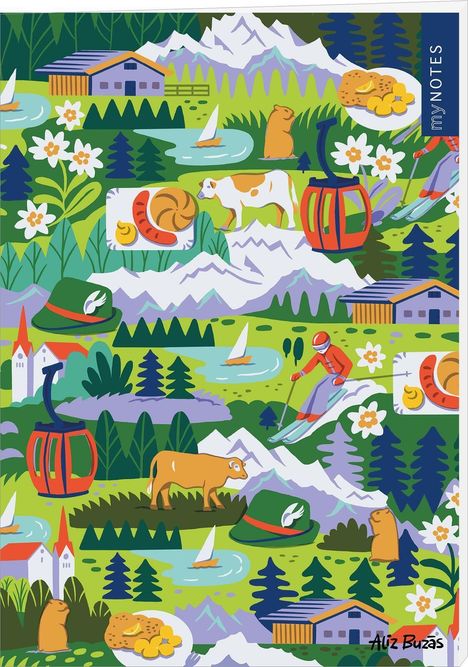 "my NOTES" steht auf blauem Streifen. Illustration: Alpenlandschaft mit Bergen, Tieren, Skifahrer, Hütten und Blumen.