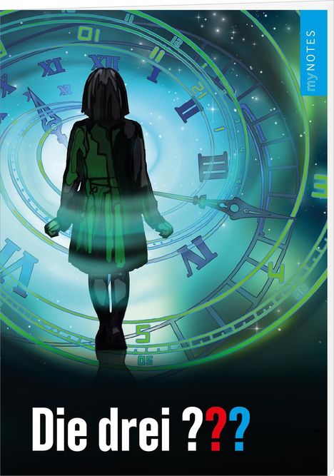 "Die drei ???" in Weiß, Rot und Blau. Illustration: Eine Person steht vor einer großen Uhr, die ins All führt.