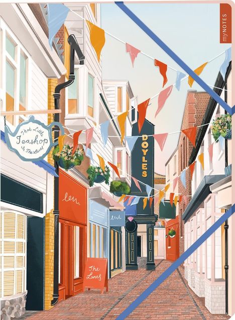 Texte „That Little Teashop in the Lanes“, „DOYLES“, „The Lanes“. Illustration einer bunten, mit Fahnen geschmückten Gasse.