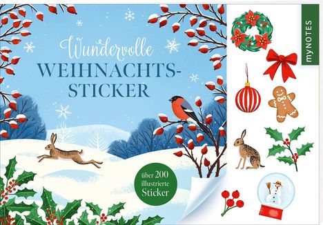 "Wundervolle Weihnachtssticker" und "über 200 illustrierte Sticker". Winterlandschaft mit Vögeln, Hasen und Weihnachtssymbolen.