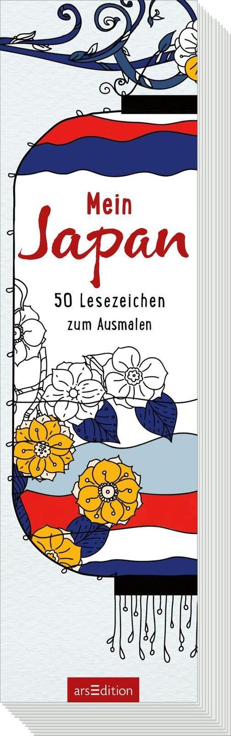 Text: "Mein Japan 50 Lesezeichen zum Ausmalen". Illustration: Blumen und Wellen in Weiß, Blau, Rot und Gelb.