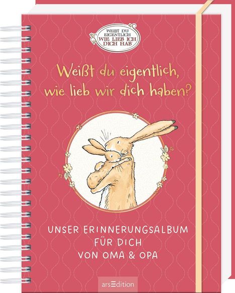 "Unser Erinnerungsalbum für dich von Oma & Opa." Illustration: Zwei sich umarmende Hasen auf rotem Hintergrund.