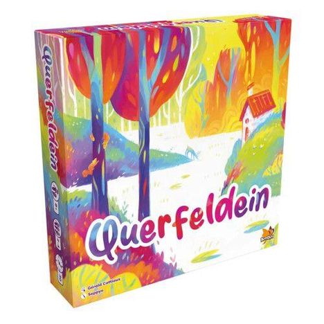 „Querfeldein“ in verspielter Schrift. Illustration: Bunte Waldszene mit Bäumen, einem Weg und einem kleinen Häuschen.