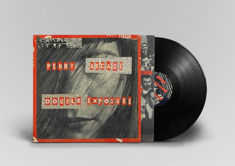 "Penny Arcade Double Exposure" steht auf einer Platte mit Collagenstil, Gesicht und Fotografien, teils rot umrandet.