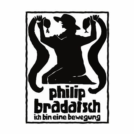 "philip bradatsch ich bin eine bewegung." Silhouette eines Mannes mit Hut, der zwei Gegenstände hochhält.