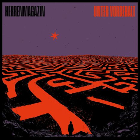 Text: HERRENMAGAZIN, UNTER VORBEHALT. Illustration eines roten Labyrinths auf schwarzem Grund mit einer Person im Vordergrund.