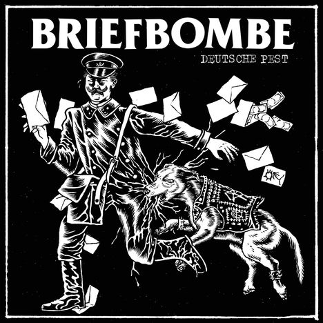 „BRIEFBOMBE“ und „DEUTSCHE PEST“ in großen Buchstaben. Illustration: Ein Hund greift einen Postboten an, umgeben von Briefen.