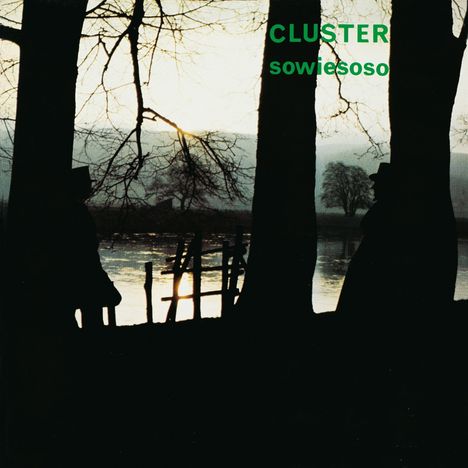 Text: "CLUSTER sowiésoso". Silhouetten von zwei Personen unter Bäumen, Blick auf Wasser und Sonnenuntergang im Hintergrund.