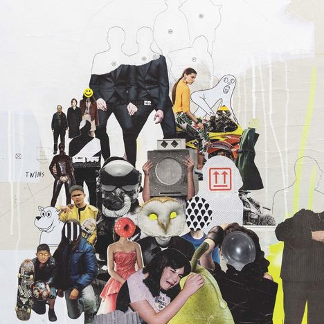Collage mit vielfältigen Figuren, manche tragen Masken. Der Text "TWINS" und ein Symbol mit zwei nach oben zeigenden Pfeilen sind sichtbar.