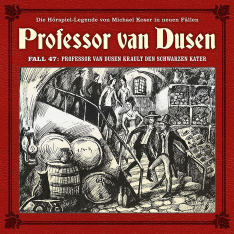 „Professor van Dusen“ – Fall 47: Professor van Dusen krault den schwarzen Kater. Zeichnung eines Kellers mit Figuren.