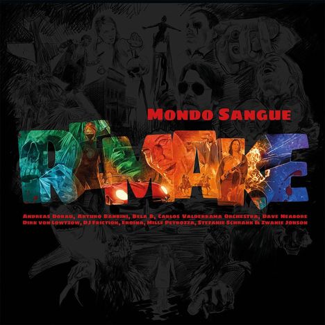 "Mondo Sangue" und "RAMAKE" in großen Buchstaben. Verschiedene dramatische Filmszenen in kräftigen Farben dargestellt.