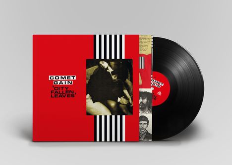 Der Titel „COMET GAIN 'CITY FALLEN, LEAVES'“ ist zentral auf rotem Hintergrund. Das Cover zeigt ein altes Foto.