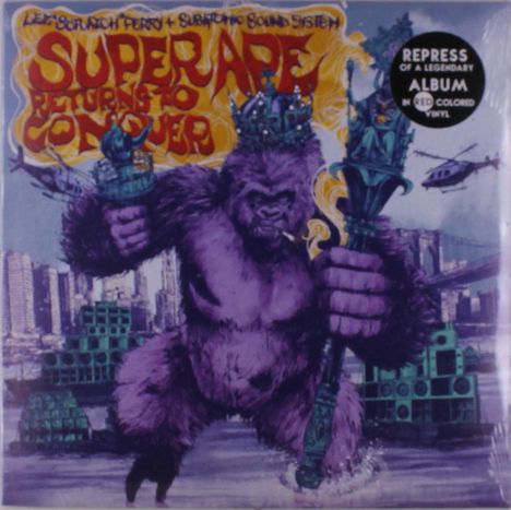 "Super Ape Returns to Conquer" in leuchtenden Buchstaben, Gorilla mit Krone und Zepter, Stadt im Hintergrund.