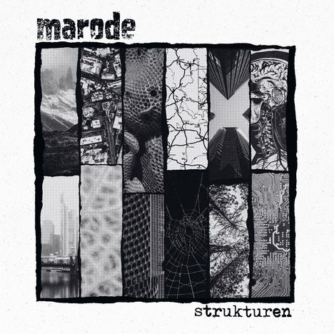 "marode" oben, "strukturen" unten. Collage aus architektonischen, biologischen und technischen Mustern in Schwarz-Weiß.