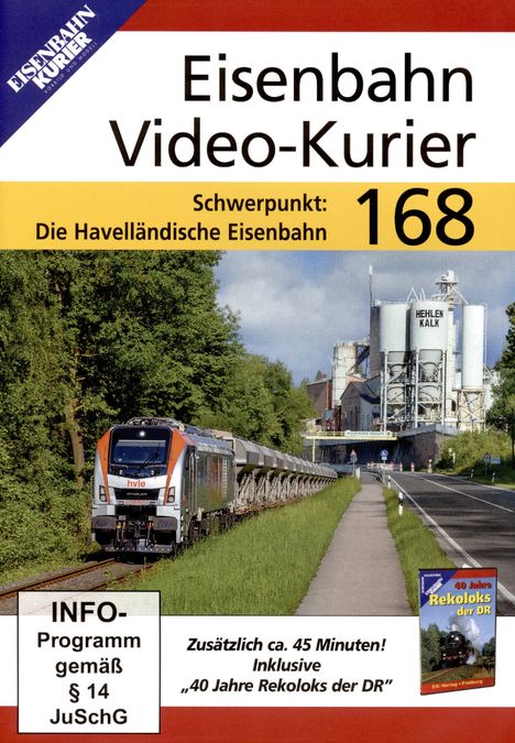 Titel: Eisenbahn Video-Kurier 168. Thema: Die Havelländische Eisenbahn. Ein Zug fährt an einem Kalkwerk vorbei.