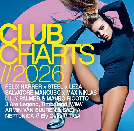 "CLUB CHARTS 2026 // Felix Harrer x Steel x Leza. Bild einer Frau in futuristischer Pose vor blauem Hintergrund."