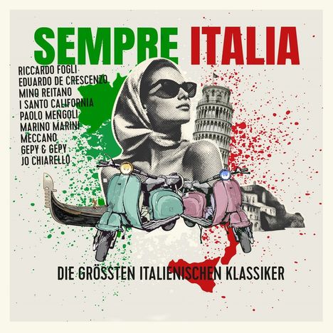 "SEMPRE ITALIA" oben, darunter Künstlernamen. Vintage-Motiv: Frau, schiefen Turm, Vespa-Roller, italienische Flagge.