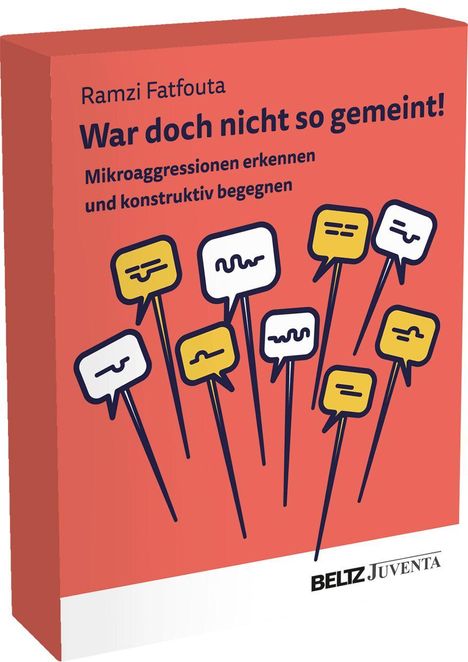 "War doch nicht so gemeint! Mikroaggressionen erkennen und konstruktiv begegnen" von Ramzi Fatfouta. Illustration: Sprechblasen auf rotem Hintergrund.