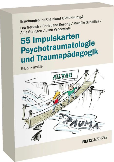 Text: "55 Impulskarten Psychotraumatologie und Traumapädagogik." Illustration: Zwei Personen auf einer Hängebrücke, Text "Alltag".