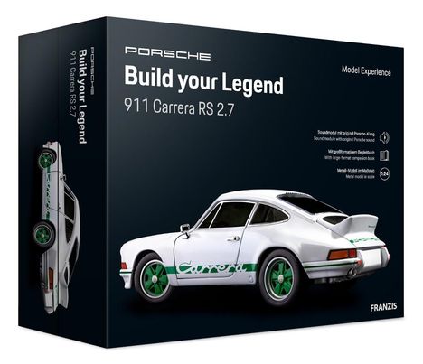 FRANZIS 67217 - Porsche 911 Carrera RS 2.7 Build Your Legend | Metall-Modellbausatz im Maßstab 1:24, inkl. Soundmodul und 72-seitigem Begleitbuch, Diverse
