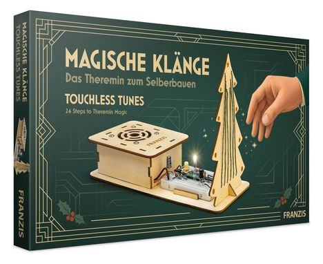 "Magische Klänge, Das Theremin zum Selberbauen, Touchless Tunes" in goldener Schrift, zeigt Holz-Theremin und Hand.