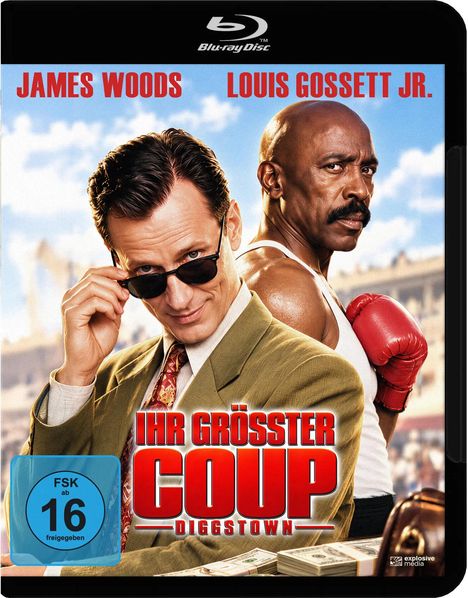 Oben stehen die Namen "James Woods" und "Louis Gossett Jr.". "Ihr Größter Coup" ist zentral platziert. Ein Mann mit Sonnenbrille und Krawatte steht vor einem Boxer mit rotem Handschuh.