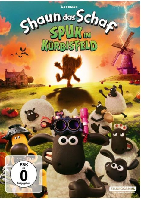 Text: "Shaun das Schaf Spuk im Kürbisfeld". Illustration von Shaun und anderen Schafen auf einem Feld, Windmühle im Hintergrund.