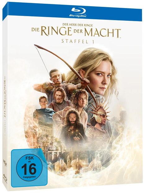 Text: "Der Herr der Ringe: Die Ringe der Macht, Staffel 1, FSK ab 16 freigegeben." Menschen und Fantasy-Szenen auf Verpackung.