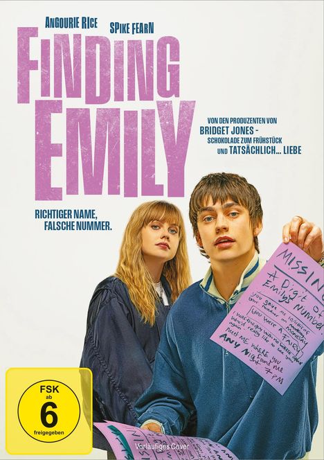"Finding Emily" in rosa Schrift. Zwei junge Menschen, ein Mädchen und ein Junge, beide halten violette Zettel.